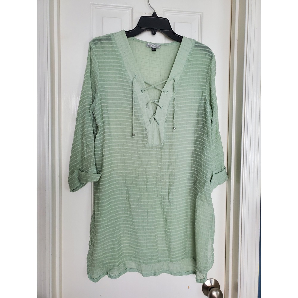 J Valdi Chenille Tunic Cover Up Green Lace Up V-Neck Beach Boho Resortwear M